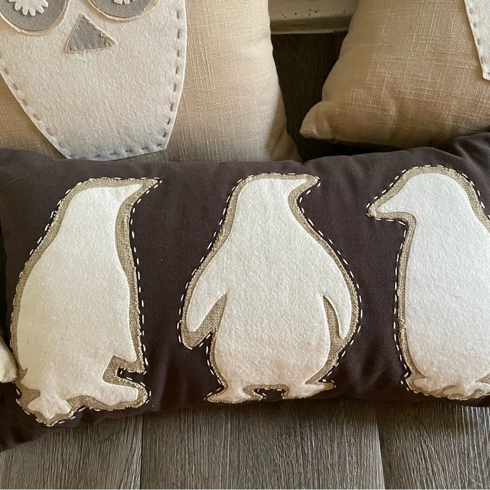 Like new WEST ELM winter owl reindeer penguin appliqué set of 4 linen pillows
